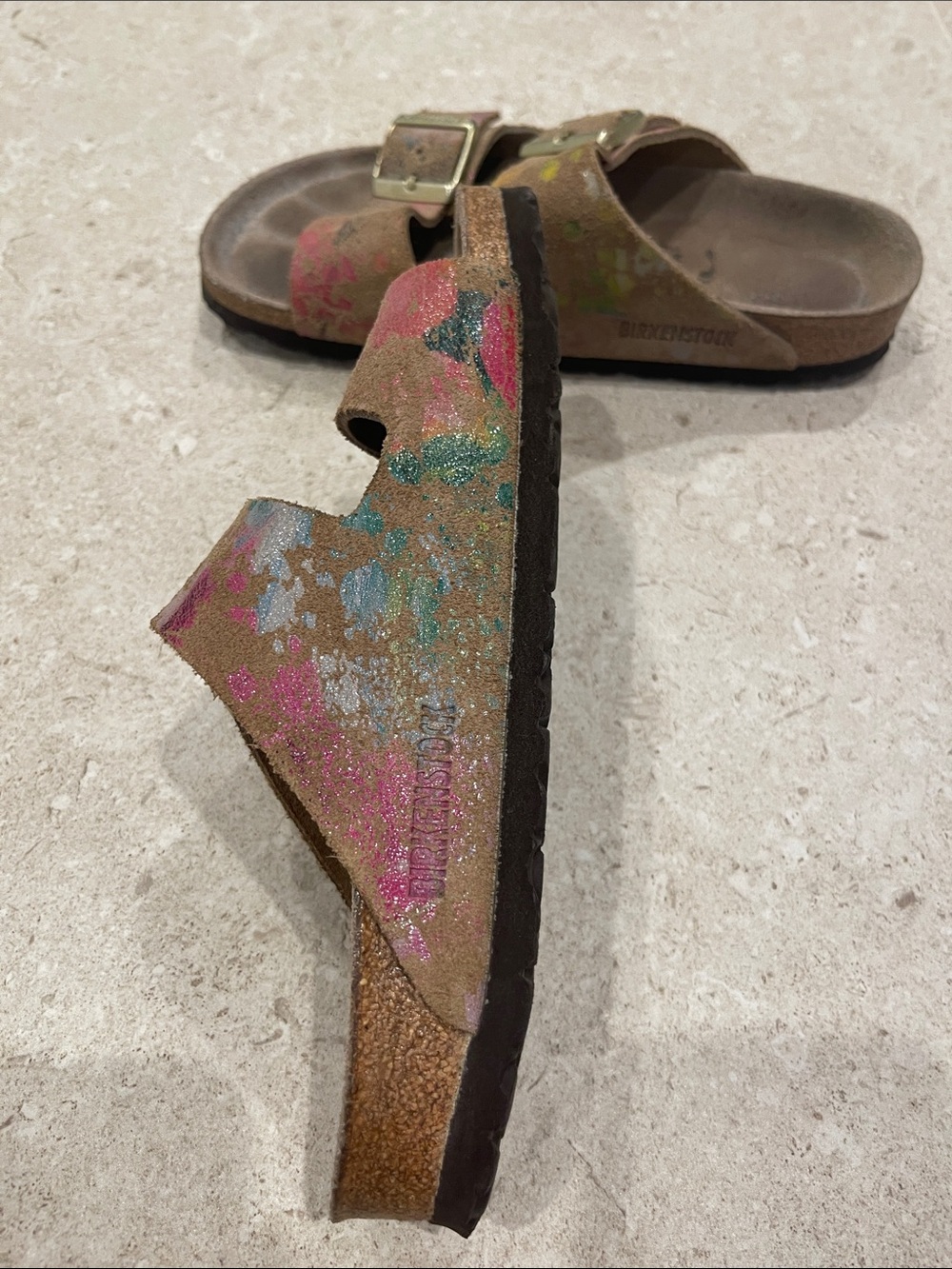 Women’s Birkenstock Two-Strap Sandals with Pink, Yellow, Green Accents - Picture 3 of 7